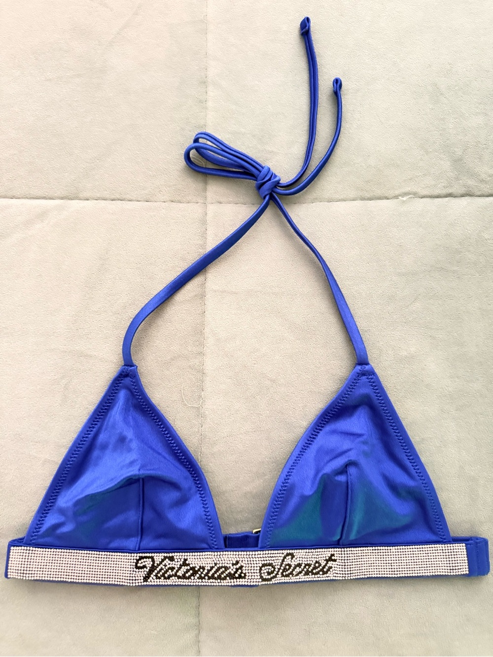 Victoria's Secret Blue Triangle Bikini Top with Rhinestone Logo Band